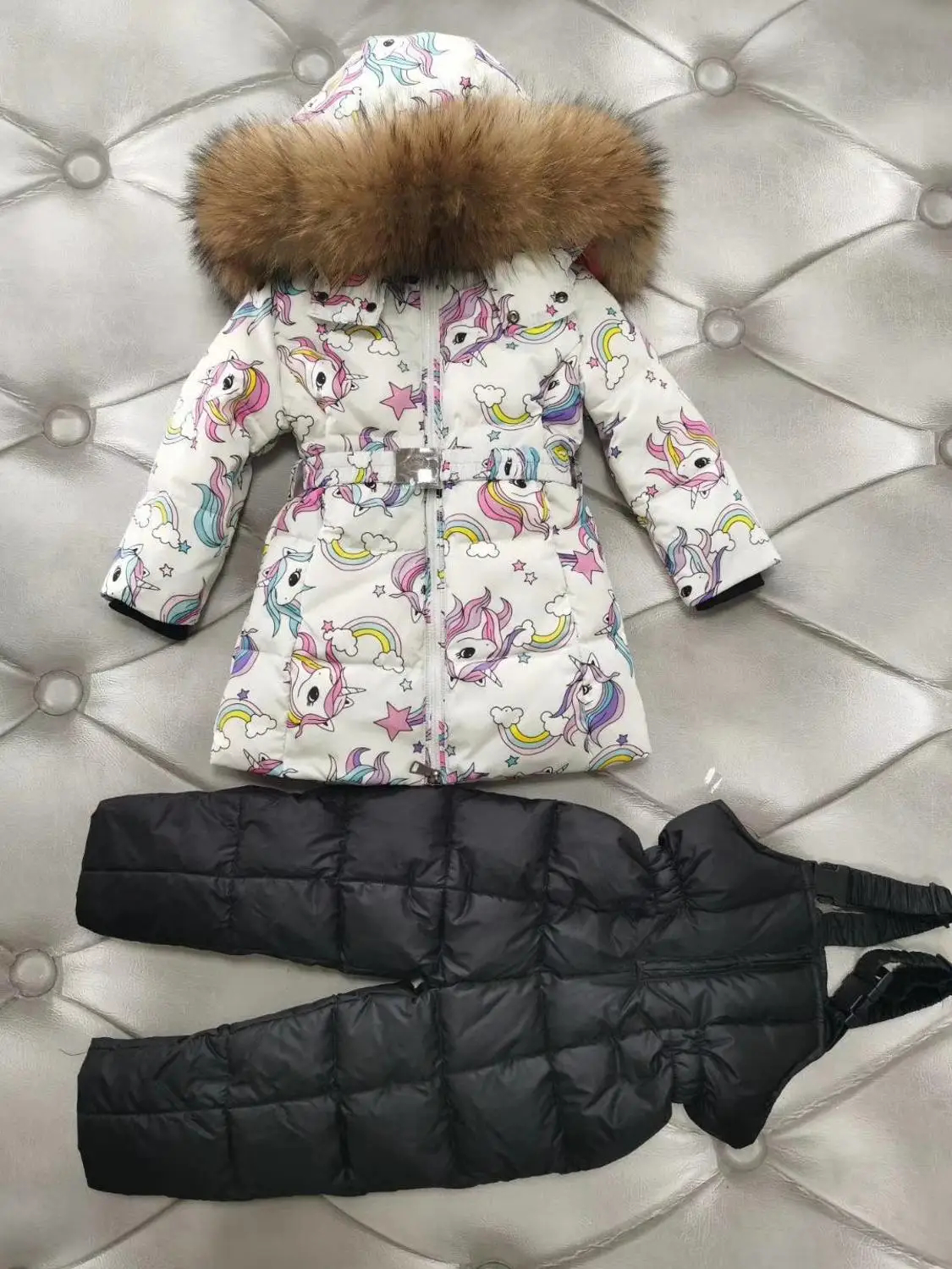 

real fur new 2021 Winter Jacket Children down jackets & PANT duck down Fur hooded girl snowsuit boy Suit set outerwear ski suit