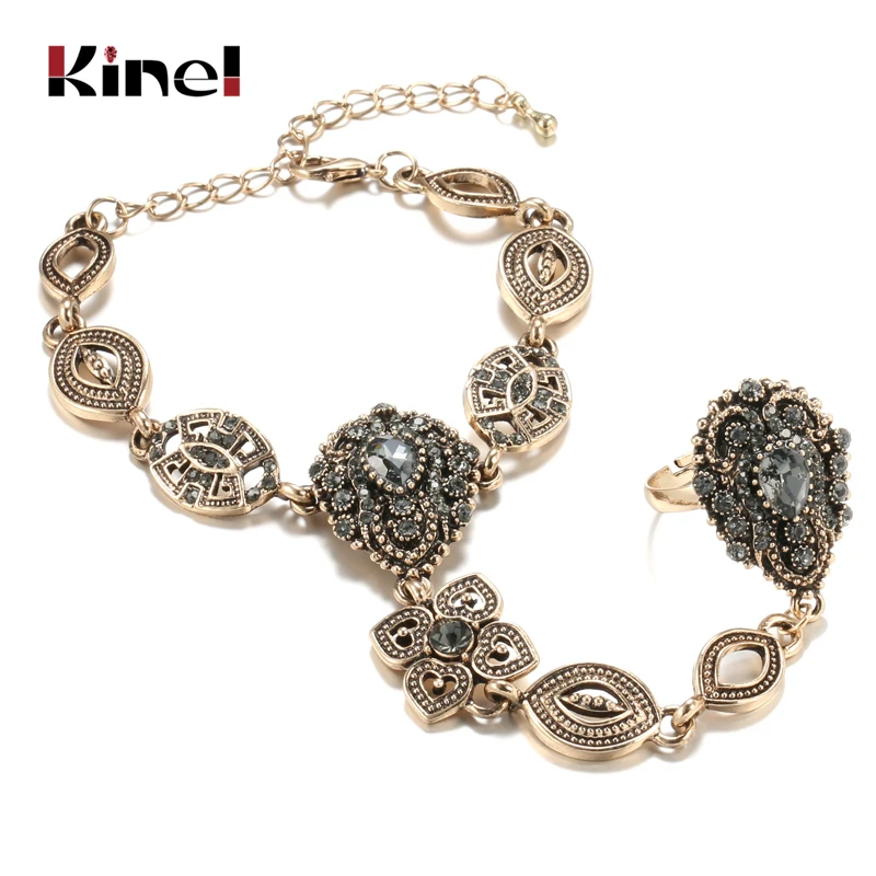 Wbmqda Luxury Boho Charm Bracelet Link Ring For Women 585 Alloy Gold Color Crystal Flower Link Bracelets Vintage Wedding Jewelry