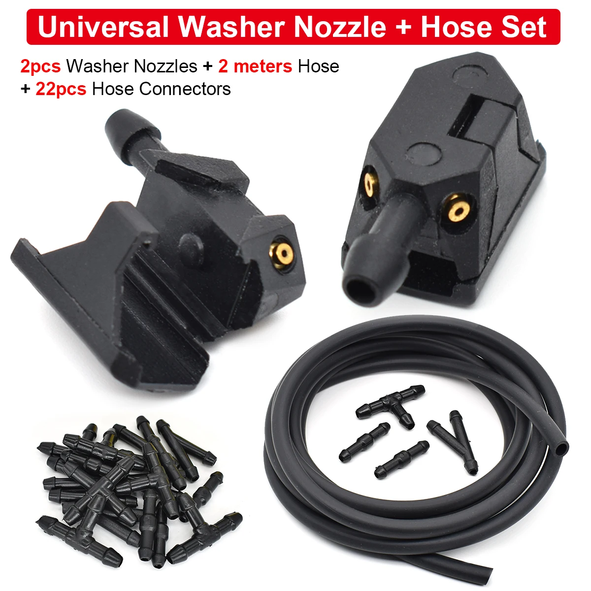 

2x Universal Mounted Onto 8/9mm Arm Car Windscreen Washer Wiper Blade Water Spray Jet Nozzles Adjusted 4 Way With Pump Hose Pipe