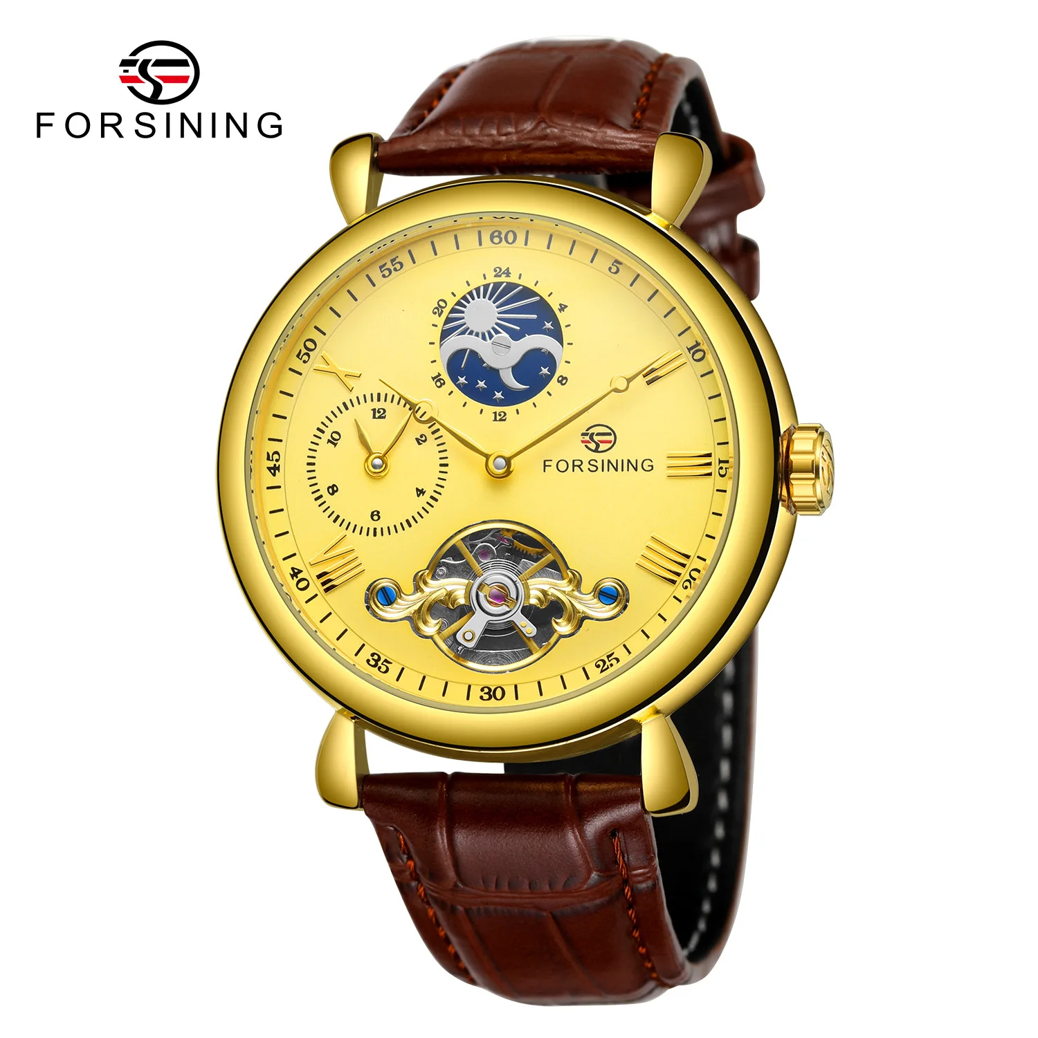 Forsining watches men personality leisure hollow moon phase flywheel automatic mechanical skin with mechanical watches