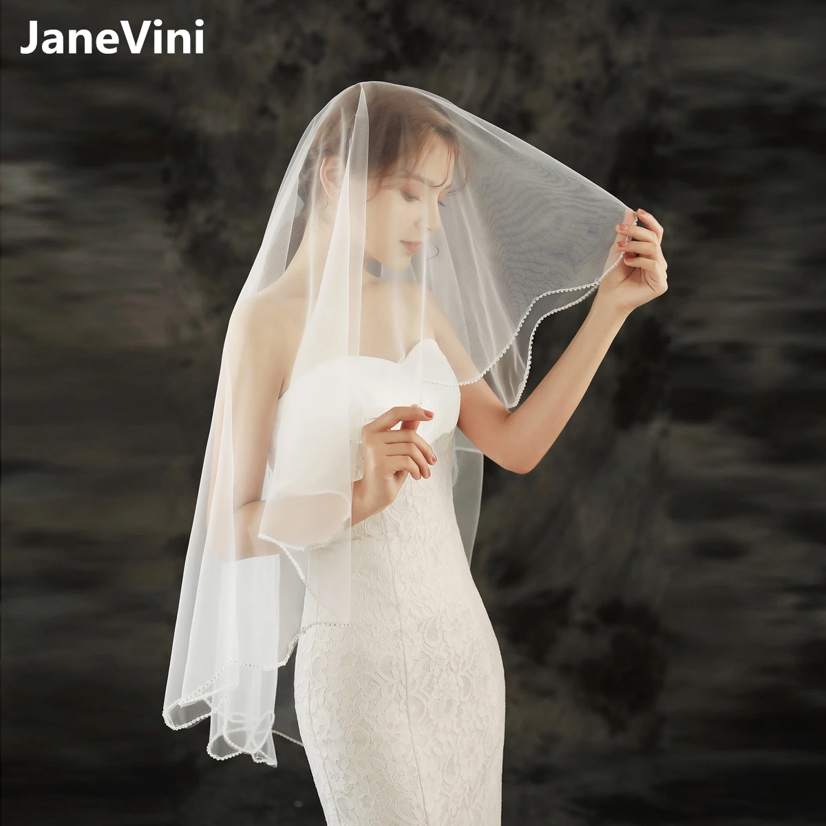 JaneVini 2021 New Elegant White/Ivory One Layer Short Wedding Veils Handmade Beaded Edge Soft Tulle Veil Bridal Hair Accessories