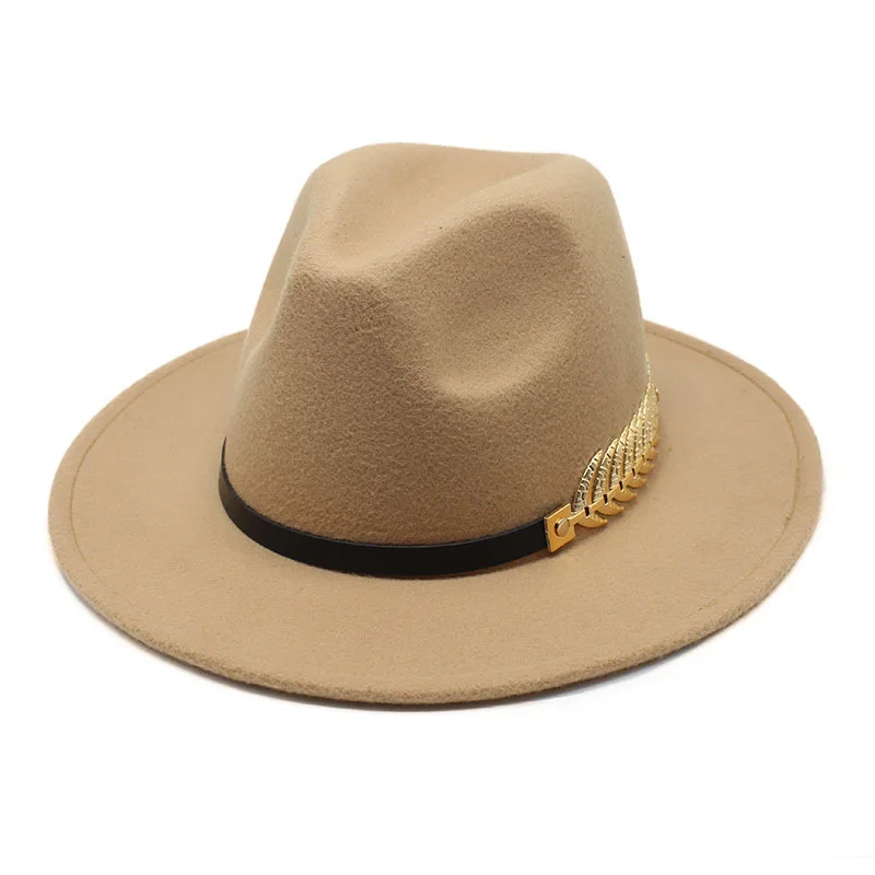 New Metal Leaf Chain Ladies Woolen Hat Autumn and Winter Wide Brim Jazz Hat British Retro Fedora Hat Fashion Church Panama Hat