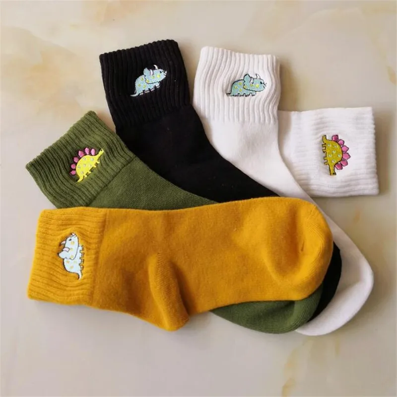 Cute Women Embroidery Dinosaur Socks White Lovely Cartoon Animal Vintage Cotton Short Socks Novelty Crazy Funny Cozy Socks Funky