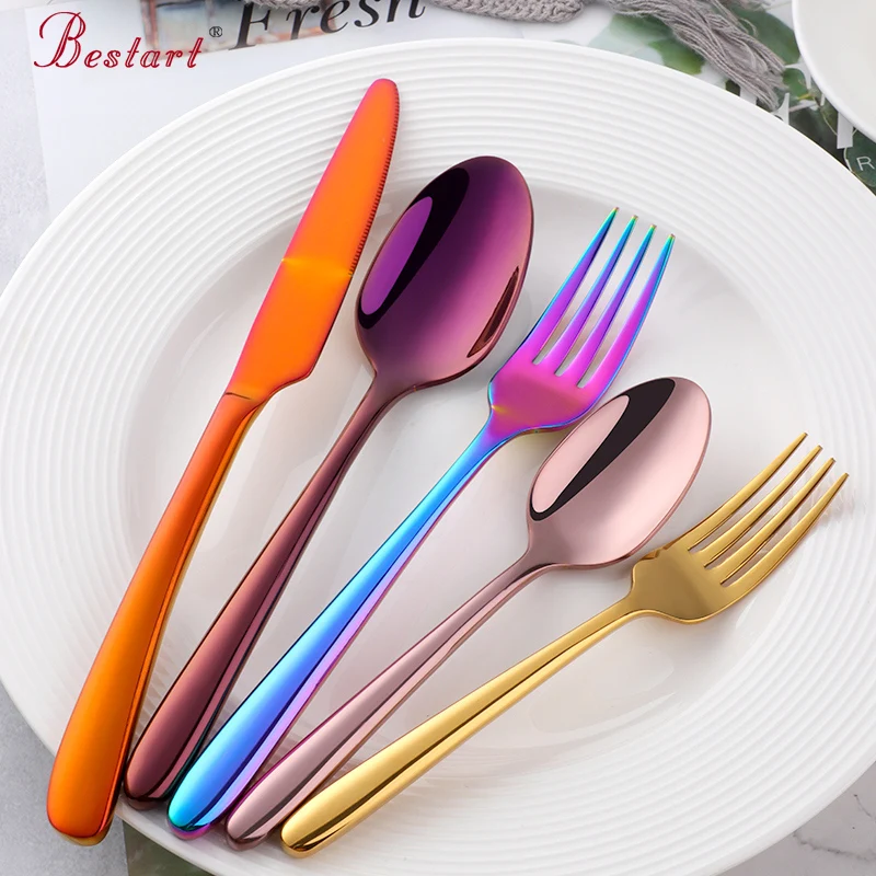 5Pcs/Set Rainbow Western Dinnerware Set Stainless Steel Knife Fork Spoon Rose Gold Cutlery Set Home Kitchen Dinner Tableware