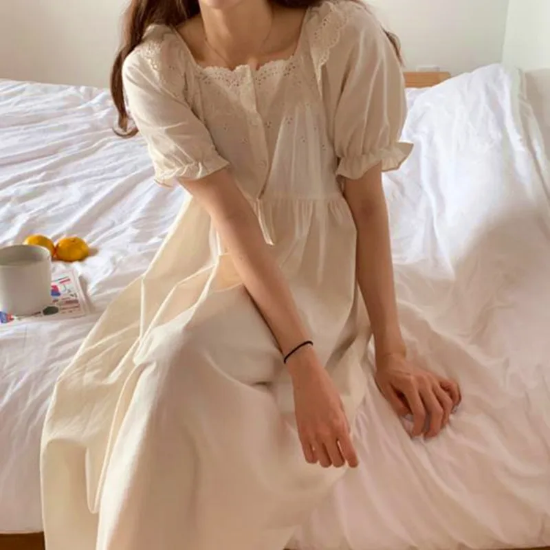 Fdfklak Sweet Student Sleepwear Sleepshirt Summer Short Sleeve Cotton Nightgowns Women Loose Long Night Dress Female Nightwear