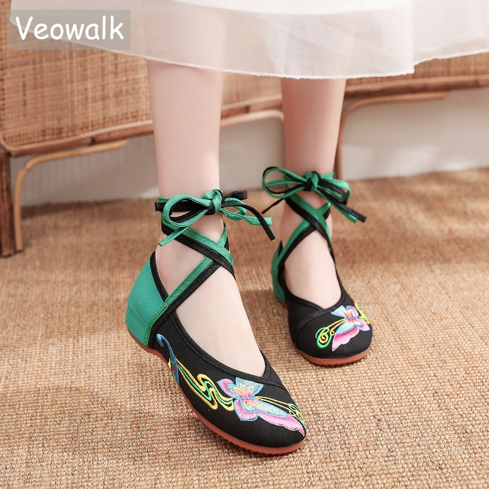 Veowalk Butterfly Embroidered Women Cotton Fabric Ankle Strap Ballet Flats Chinese Style Ladies Comfortable Soft Walking Shoes