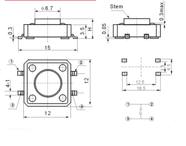 20pcs 12x12 SMD touch switch Push button micro switch SOP 4pin 12x12x4.3/5/6/7/8/9/10/11/12H 12*12*4.3/5/6/7/8/10/11/12H