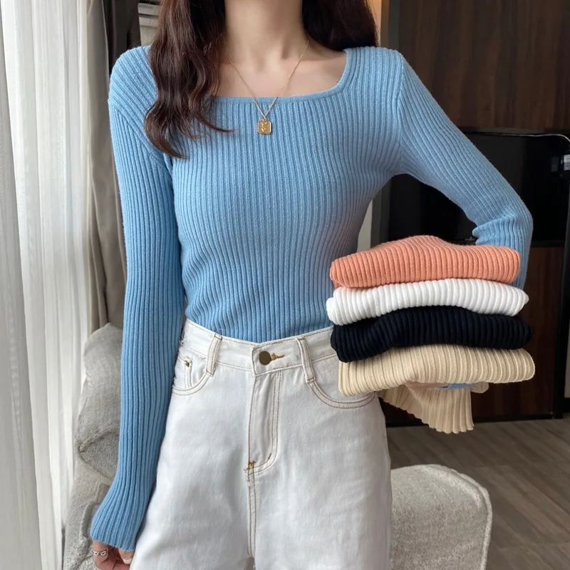 

Square Neck Knitted Women Tops Spring Autumn Long Sleeve Slim Fitted Pullover Sweater Korean Basic Black White Beige Knitwear