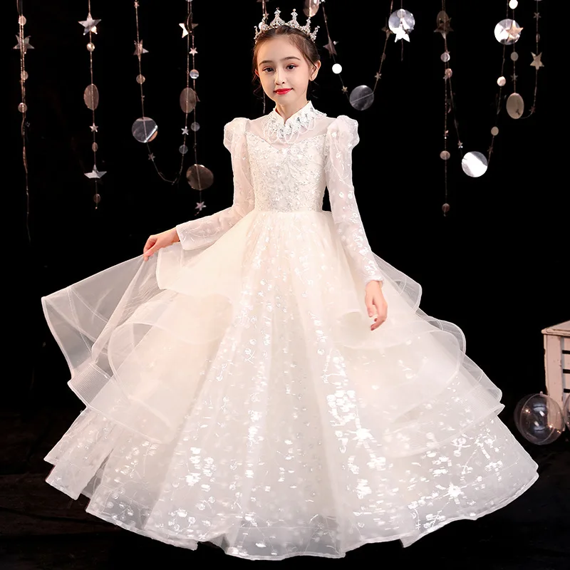 Kids Maxi Party Wedding Toddler Girl Clothing Gorgeous Gold Sequins Children Pageant Gown Baby Princess Dress Chinese Style Robe