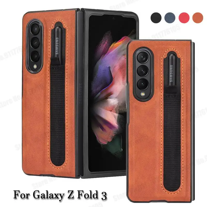 For Samsung Z Fold 4 5G Stylus S-Pen Socket Slot Phone Case For Galaxy Z Fold3 5G W22 Retro Leather SPen Pocket Protection Cover