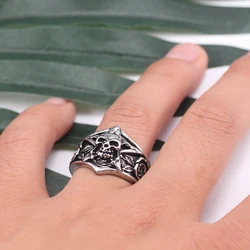 Retro Gothic Skull Ring For Men Boys Male Vintage Engraving Pentagram Rose Flower Metal Punk Rings Cool Jewelry Gifts Anillos