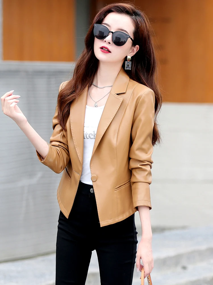 2023 Spring New Ladies Faux Leather Blazers Women Sheepskin Jacket Female Slim Suit Collar Coat Brand New Lady Jackets Outerwear