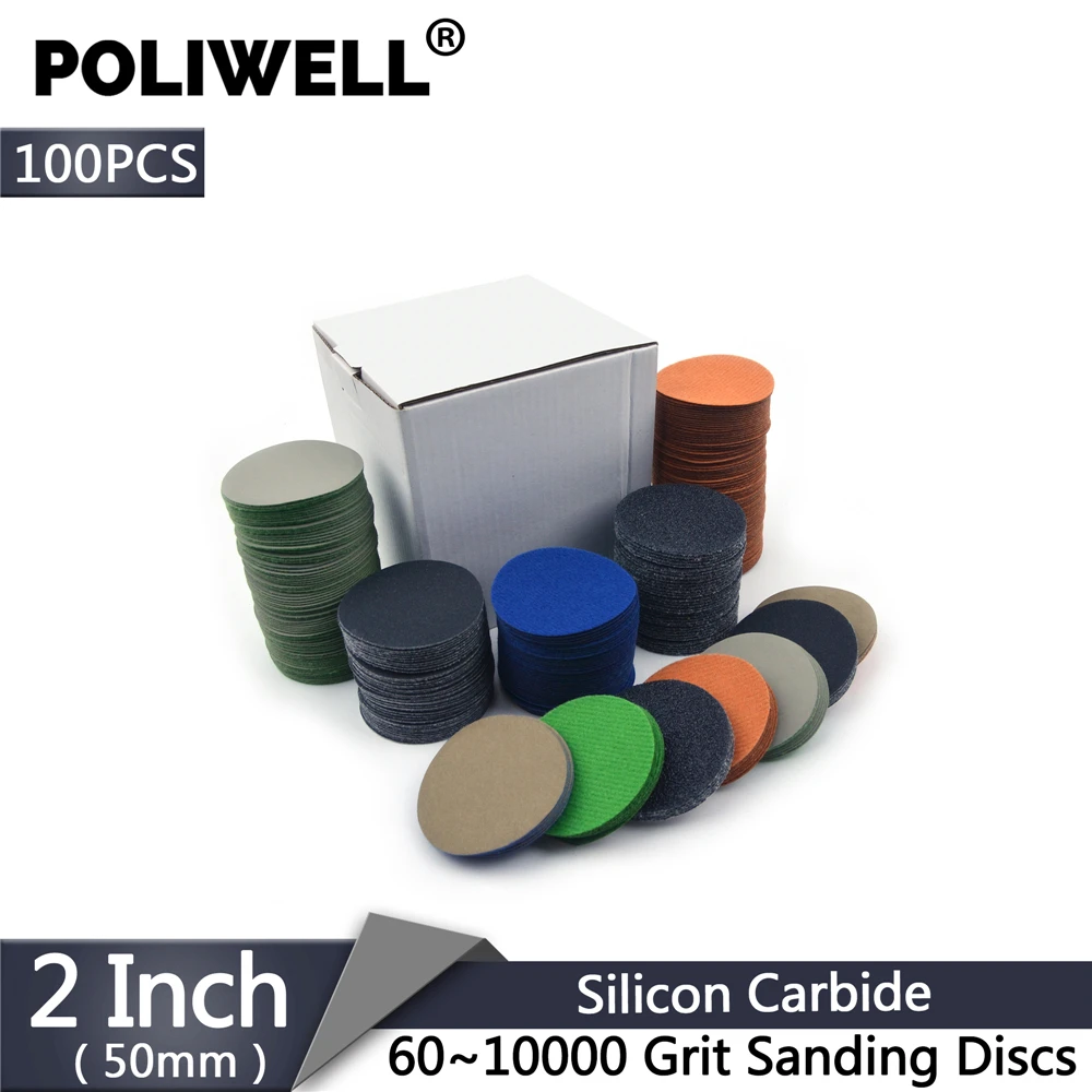 

POLIWELL 100PCS 2 Inch 50mm 60-10000 Grit Flocking Sanding Discs Wet and Dry Waterproof Sandpaper Car Headlight Sanding Paper