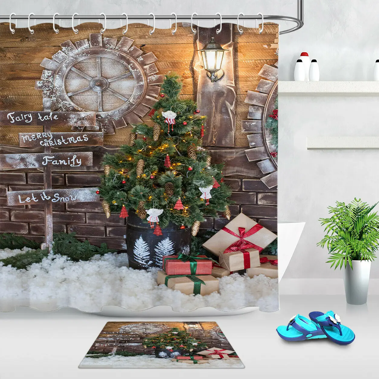 Xmas Tree Gift Boxes Rustic Wood Wall Retro Gear Fabric Shower Curtain