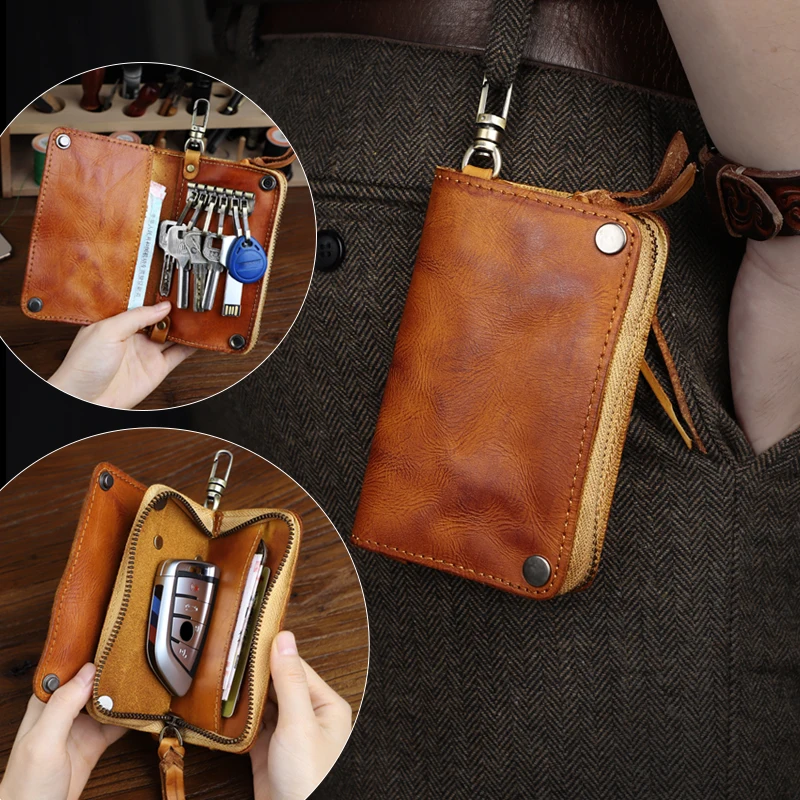 

Retro Wrinkle Men's Key Wallet Handmade Card Slot Smart Key Holder Soft Bag Portable Keychain Coin Purse With Zipper