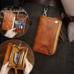 Retro Wrinkle Men's Key Wallet Handmade Card Slot Smart Key Holder Soft Bag Portable Keychain Coin Purse With Zipper