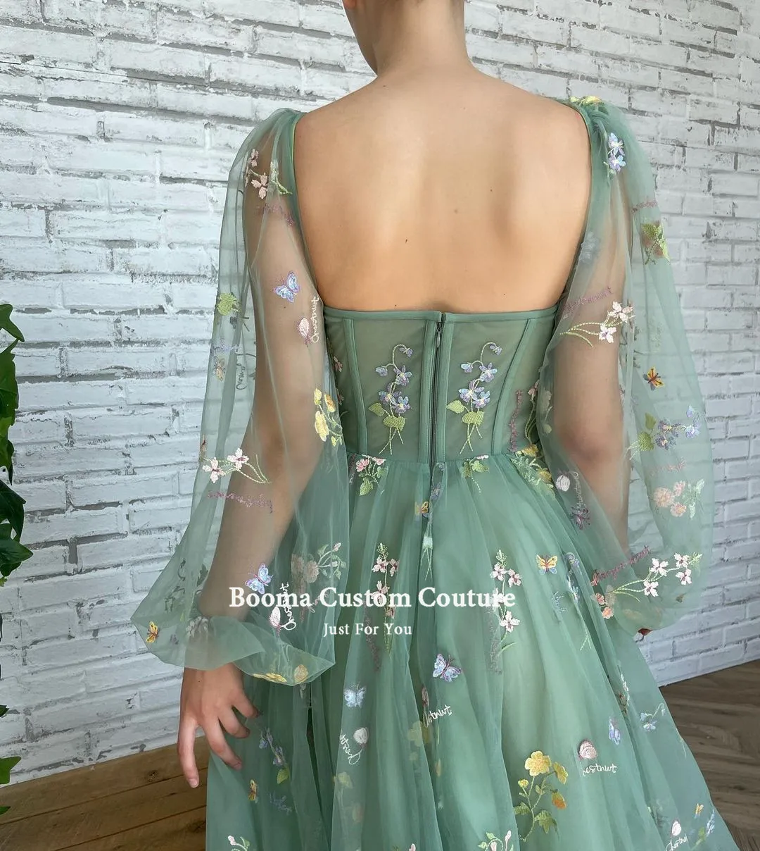 Booma Green Embroidery Lace Prom Dresses Long Sleeves Ankle-Length A-Line Wedding Party Gowns Open Back Tulle Formal Dresses