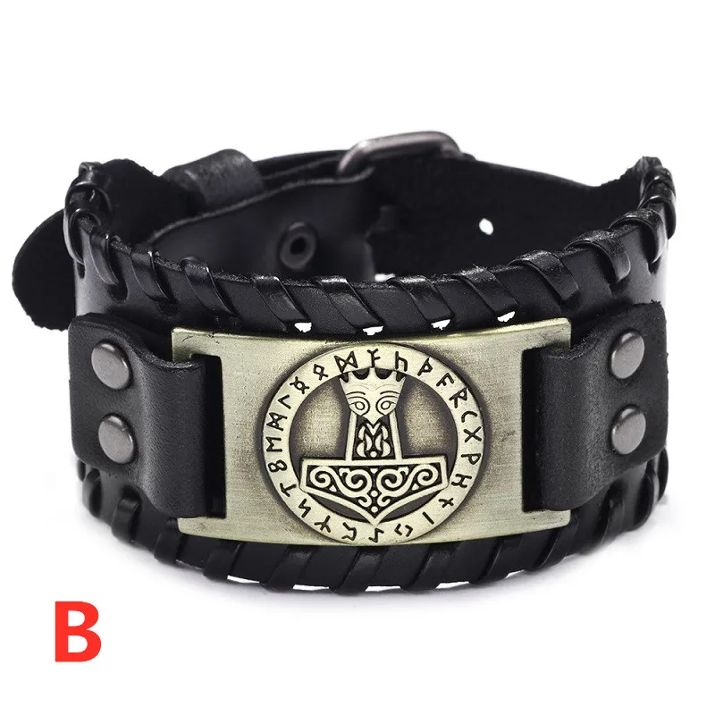 Retro Viking Rune Hammer Wide Leather Bracelet for Men Celtic Wolfhead Modish Jewelry On The Hand Western Style Accessories Gift