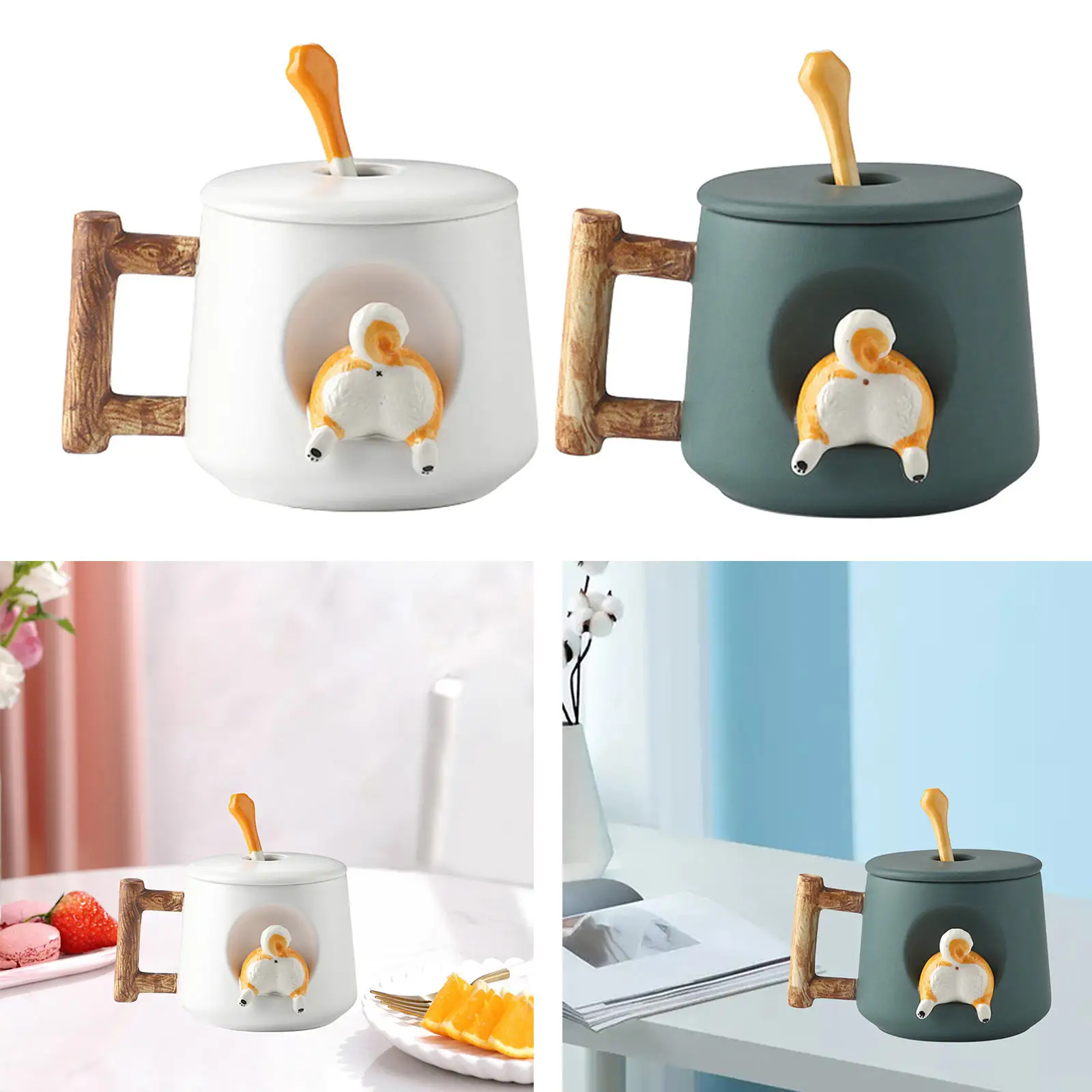 500ml 3D Corgi Butt kubek ceramiczny z łyżeczka w pokrywce nowość Funny Brew herbata mleczna sok picie Latte Cup