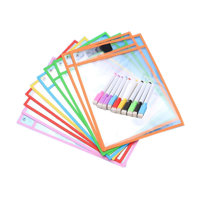 Hot-6pcs Dry Erase Pockets+Pen Holder, Oversize 10x14inch/25.5x36.5cm Pockets,Classroom Organization,Reusable Dry Erase Pockets