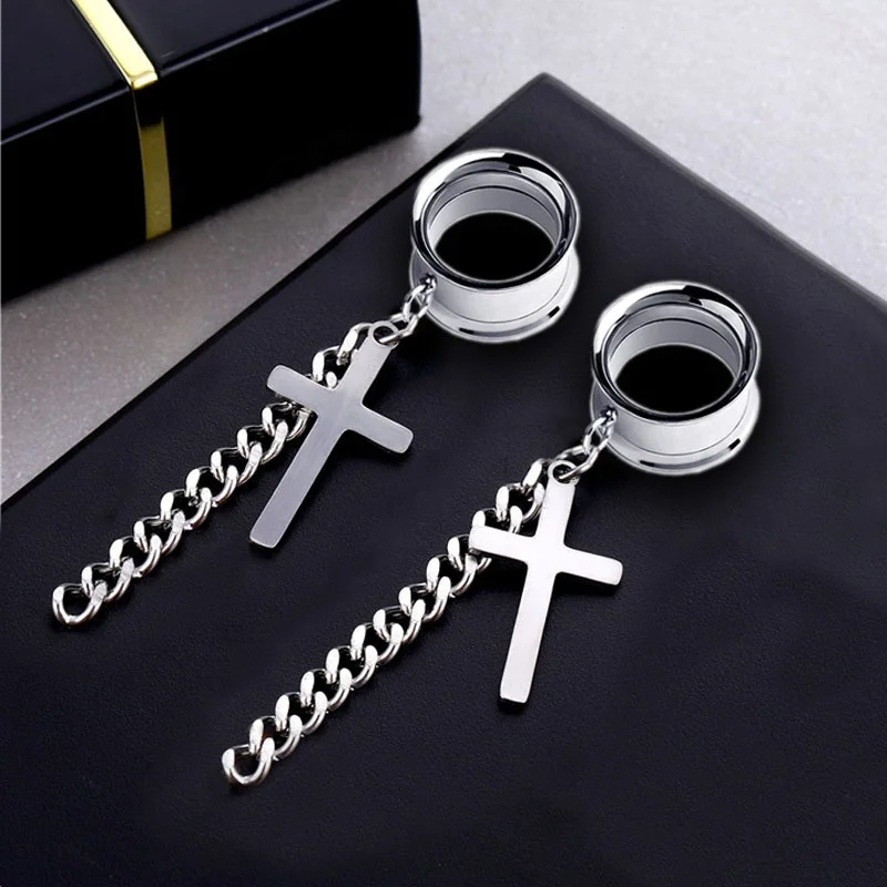 2pieces  Ear Piercing Surgical Steel Ear Plugs Tunnels Ear Expansions Ear Reamer Ear Dilations Cross Chain Dangle Punk Jewelry