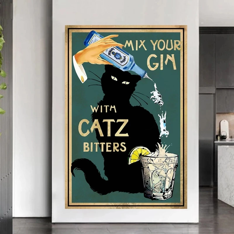 Mix Your Gin with Catz Bitters Black Cat Canvas Painting Posters and Prints Wall Art Pictures for Toilet Wall Decoration Cuadros