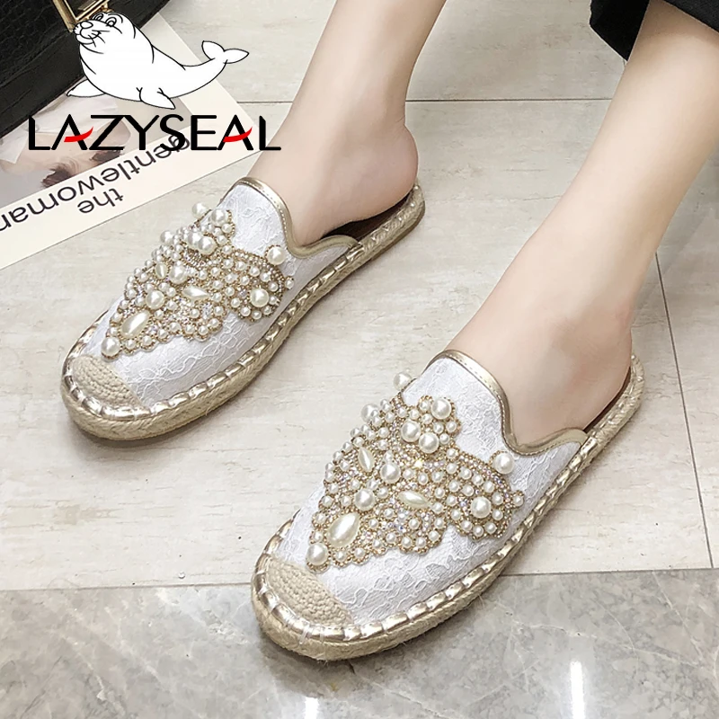 LazySeal nuovi cristalli perle mezze pantofole scivoli estivi scarpe da donna canapa tacco piatto scarpe donna tessuto di cotone moda muli scarpe