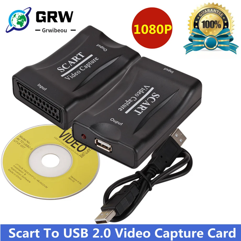 GRWIBEOU USB 2.0 Video Capture Card 1080P Scart Gaming Record Box Live Streaming Recording Home Office DVD Grabber Plug And Play