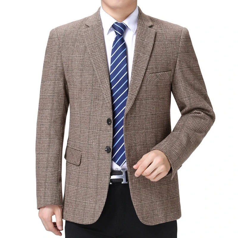 Man Wool Tweed Blazer Plaid Woolen Fabric Jacket Suit Navy Blue Camel Gray Costumn Homme Notched Collar Cuff Button Design Coats