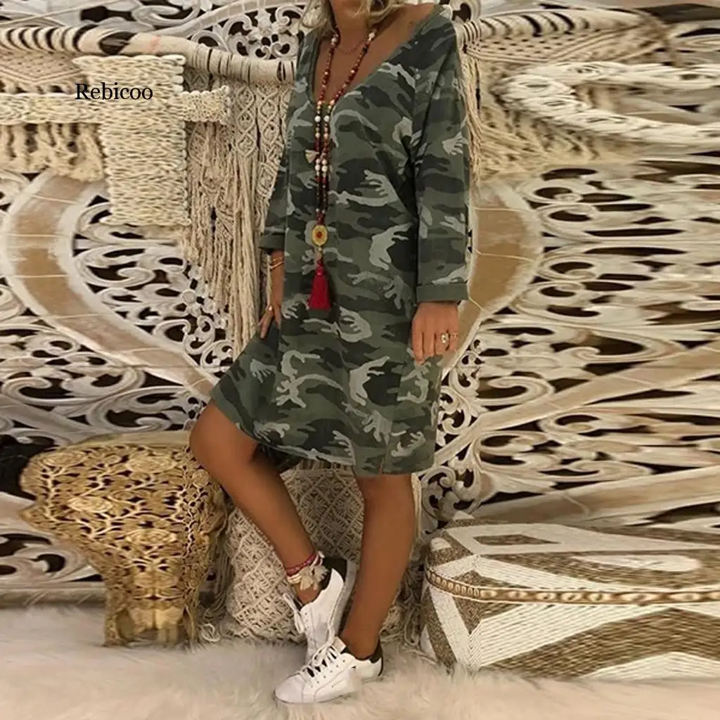 

Camouflage winter dress Fashion womens long dresses Leisure Long Sleeve Camouflage V-Neck Hooded Dress vestido