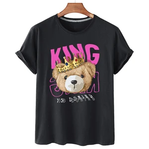 King Teddy Bear Personality Print 100% Cotton Women Short-sleeve T-shirt Round Collar Casual  Couple Oversized Loose Clothing