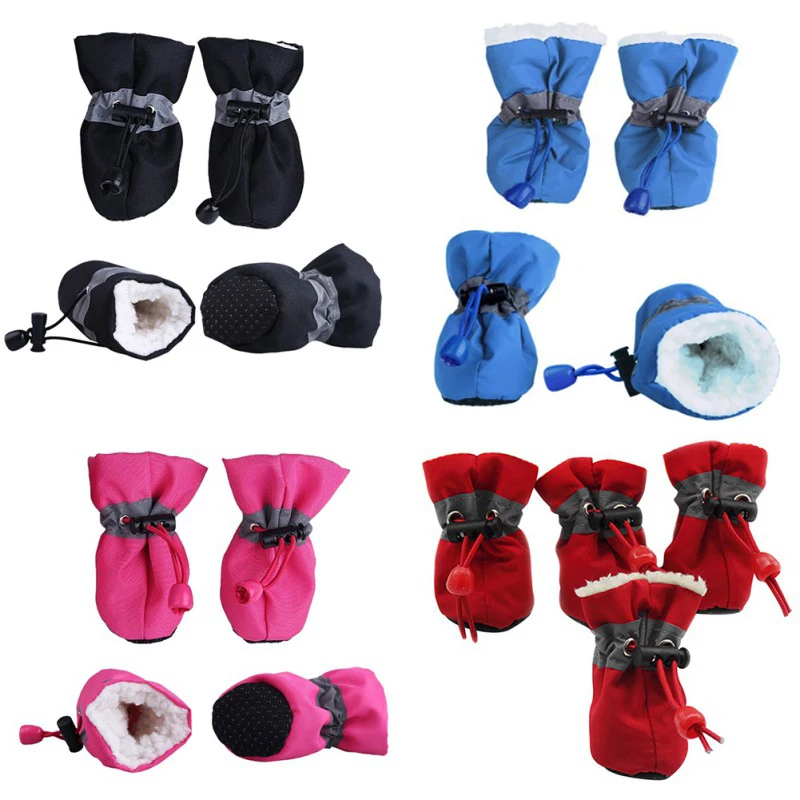 4pcs Waterproof Plush Pet Dog Shoes Winter Anti-slip Rain Snow Boots Footwear Thick Warm Booties For Small Cats Dogs Puppy Socks