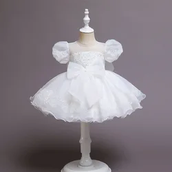 Puff Sleeve Embroidery Big Bow Baby Girl Baptismal Dress Pearl Princess Kid's Dress Toddler Clothes For Newborns Vestidos 1 3 6Y