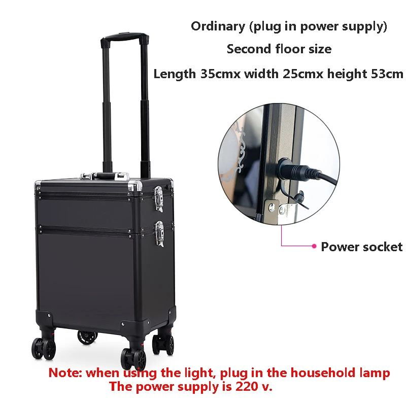 Luxury Beauty Makeup Barber Suitcase On Wheels Black Aluminum Case Lights And Mirror Hairdresser Case Trolley Cosmetics Tool Box