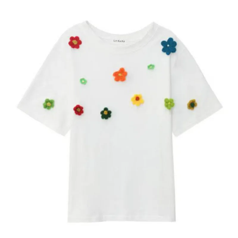 Summer Short Sleeve White T Shirt 2022 New 3D Flowers O Neck d T Shirts Female Casual Loose Chic Tees Women 100% Cotton Tops