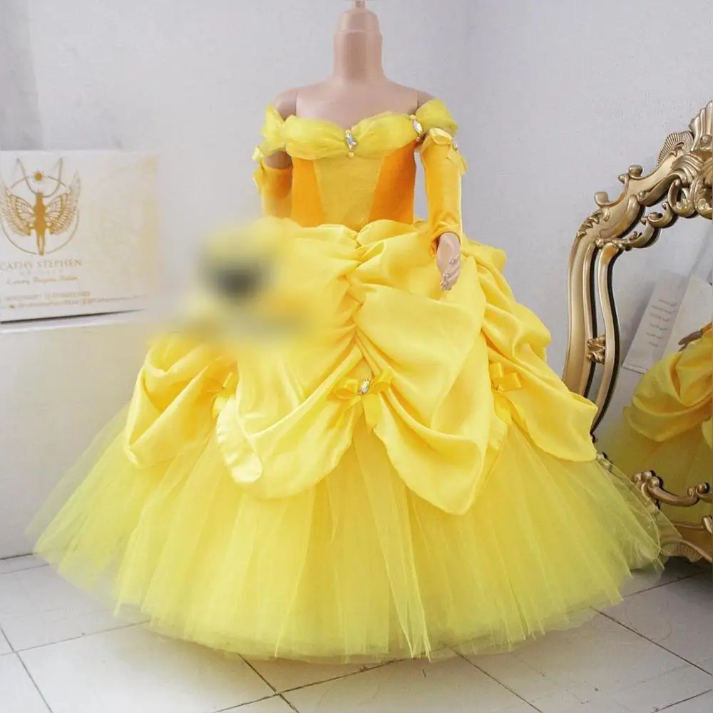 Puffy Tulle Flower Girl Dresses Handmade Flower Off Shoulder Kids Pageant Dress Long Sleeve Girls Birthday Party Gowns