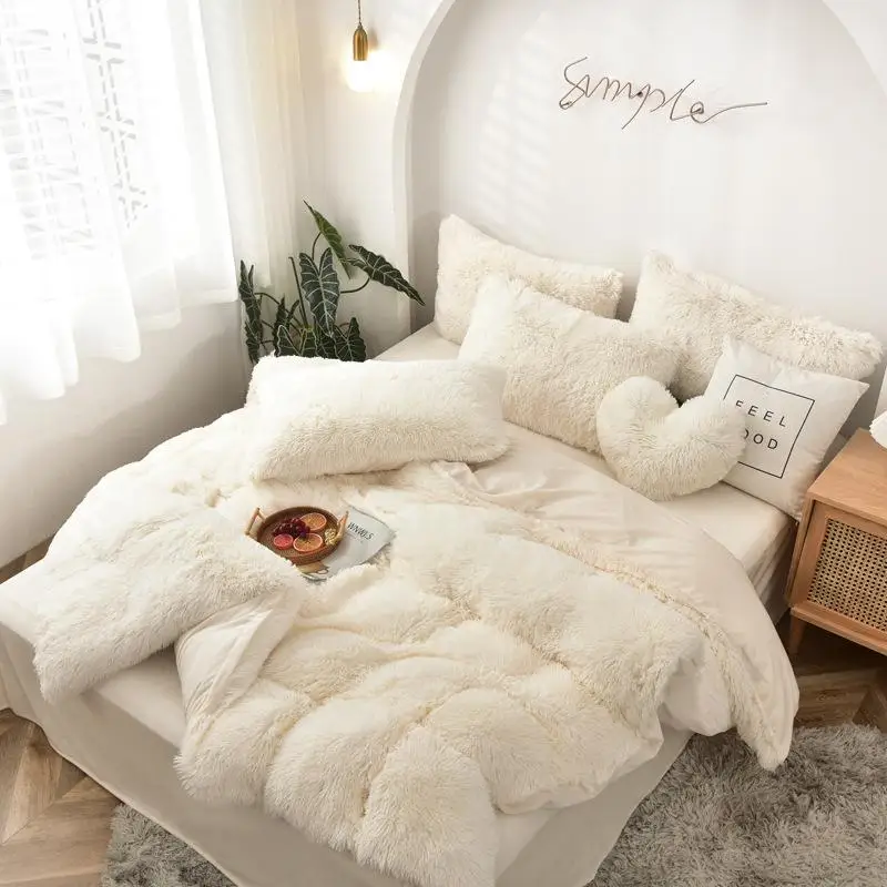 Coral fleece Winter Thick Bedding Set Pure Color Mink Velvet Duvet Cover Bed sheet Bed Linen Pillowcases Lamb velvet coral