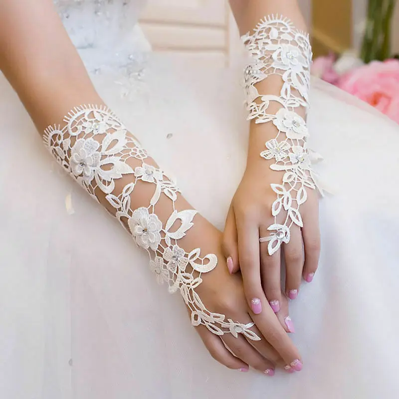 Guantes de boda de encaje para novia, accesorios de cuentas de muñeca sin dedos blancos