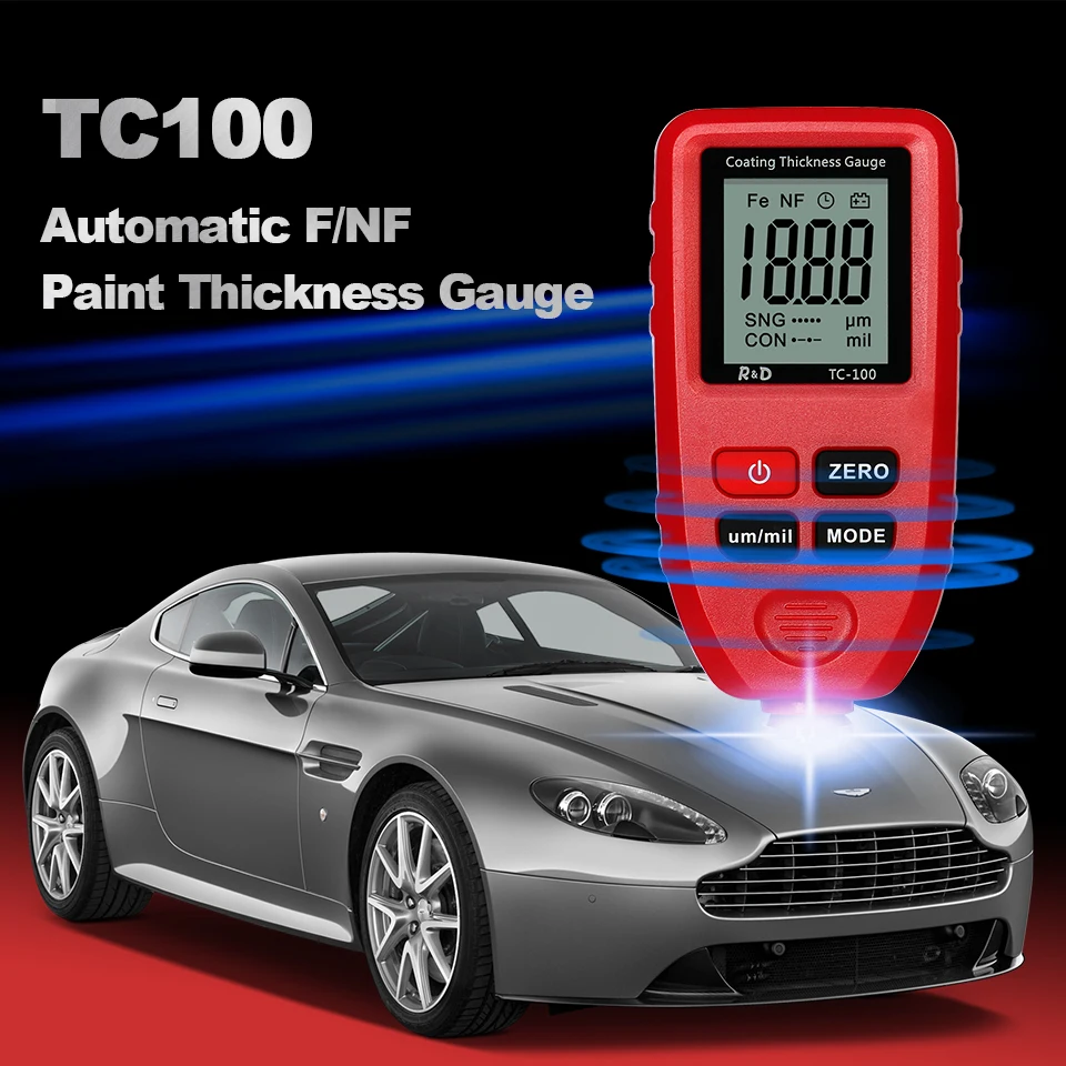 R&D TC100 Coating Thickness Gauge Car Paint Film Thickness Tester Measuring FE/NFE Russian Manual Paint Tool 0.1micron 1300um