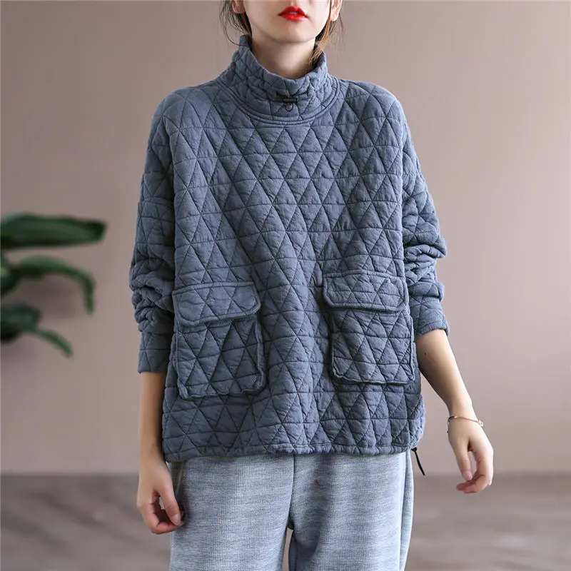 Autumn Winter Clothes Female Leisure Thermal Cotton High-Neck Sweatshirt Women Loose Hedging Rhombic Quilted Jacket Tops M2059