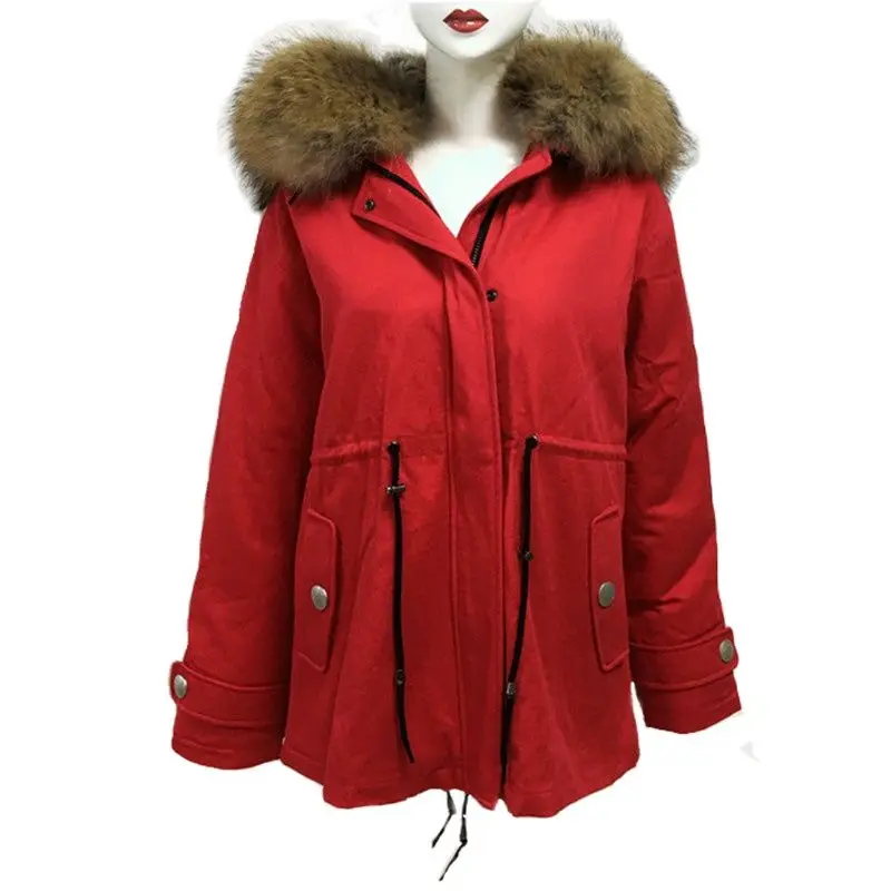 

Bright Red Short Parka Luxury Rabbit Fur Lining Warm Winter Genuine Leather Coat Raccoon Fur Collar Can Be Custom