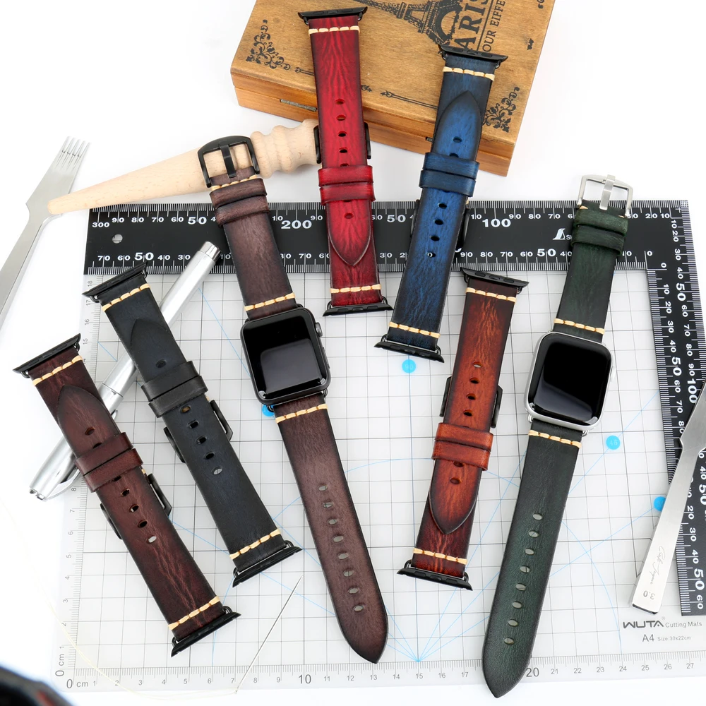 Handmade Cow Leather Strap For Apple Watch Band 49mm 45mm 41mm 44mm 40mm 42mm 38mm Series 8 7 SE 6 5 4 3 iWatch Watch Bracelet