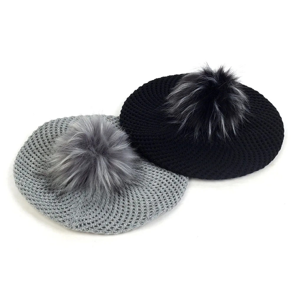 New Bohemia Women Double Layer Berets With Pom Pom Female Faux Fur Hairballs Hats Autumn Winter Warm Bonnet Caps Slouchy Beret