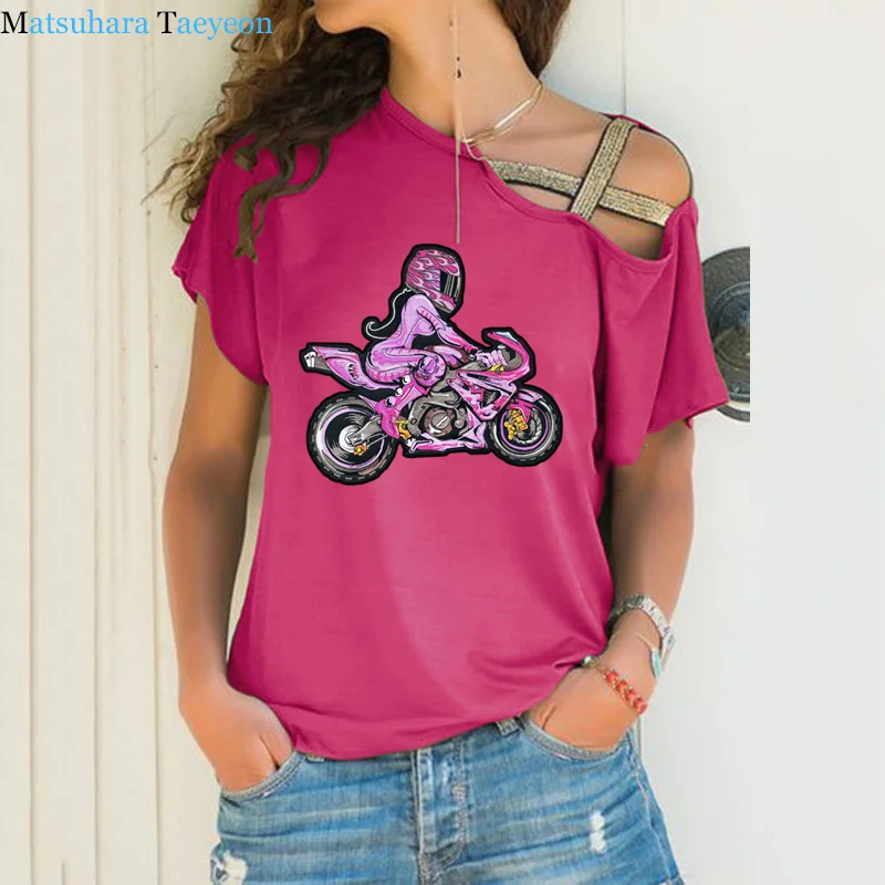 Pink Biker with Pink Girl Rider Fashion NEW T Shirt Women Short Sleeve TShirt Cotton T-Shirt Female Irregular Skew Cross Bandage