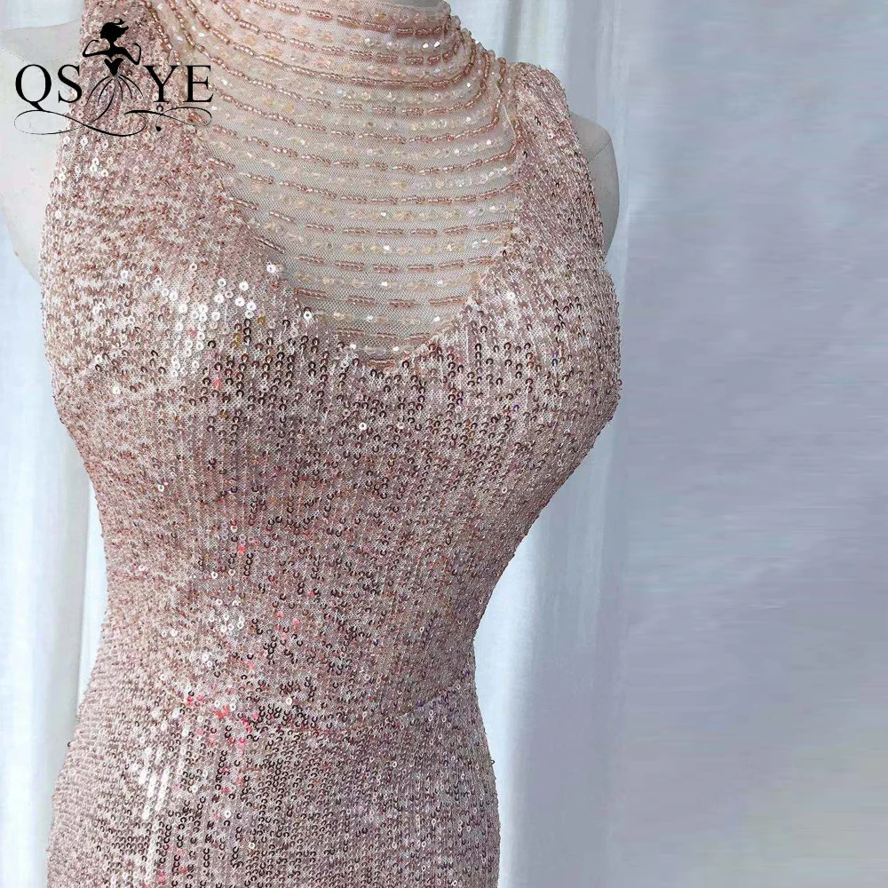 High Neck Gold Avondjurk Mermaid Sequin Avondjurk Fit Glitter Kralen Formele Party Gown Sleeveless Keyhole Back Prom Gown