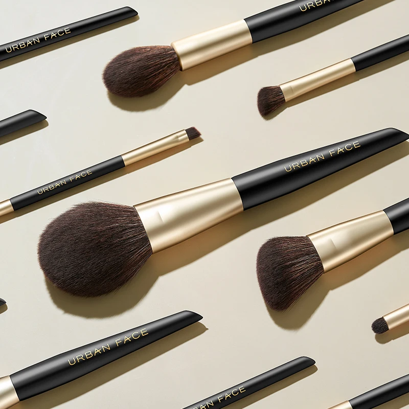 Urban Face Makeup Brush Set 10-12 Pieces Fulll Synthetic Hair Black and Gold Matte with Vegan Leather Cosmetic Bag