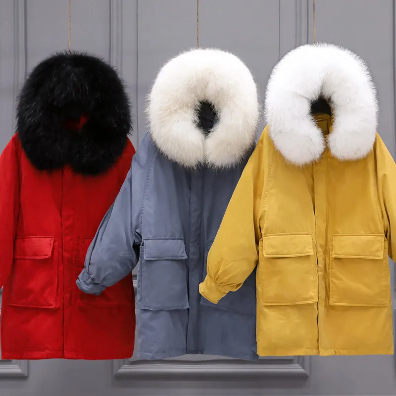 Winter White Duck Down Jacket Woman Hooded Long Thick Warm Down Parka Real Fur Loose Outwear Down Coat Female LWL1182