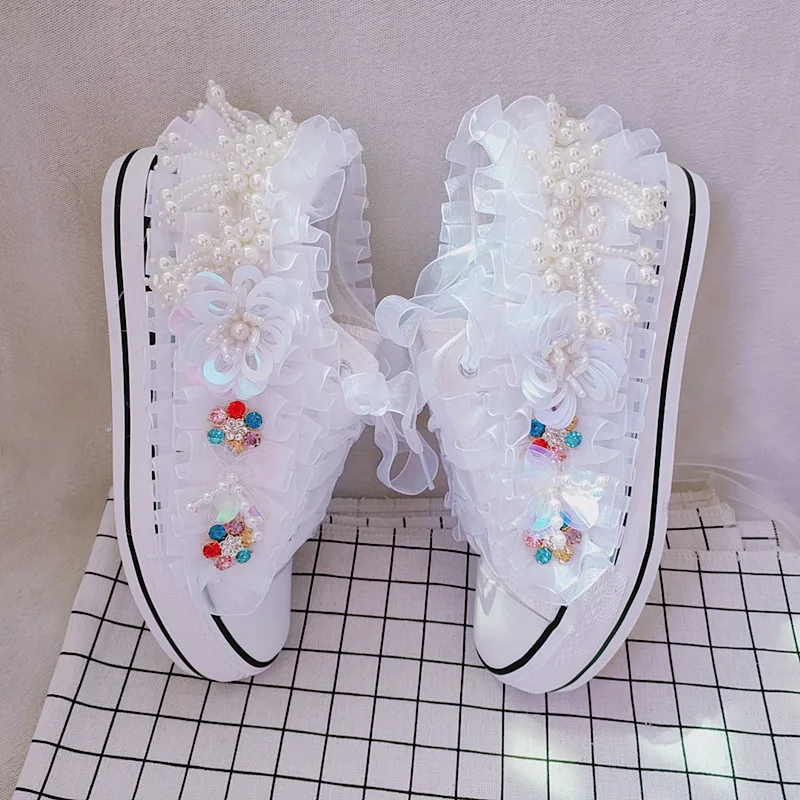 2024 Handmade Lace Canvas Shoe for Lady Pearl Casual Women's Shoes Colorful Rhinestone White Wedding Shoes Womens Sneakers