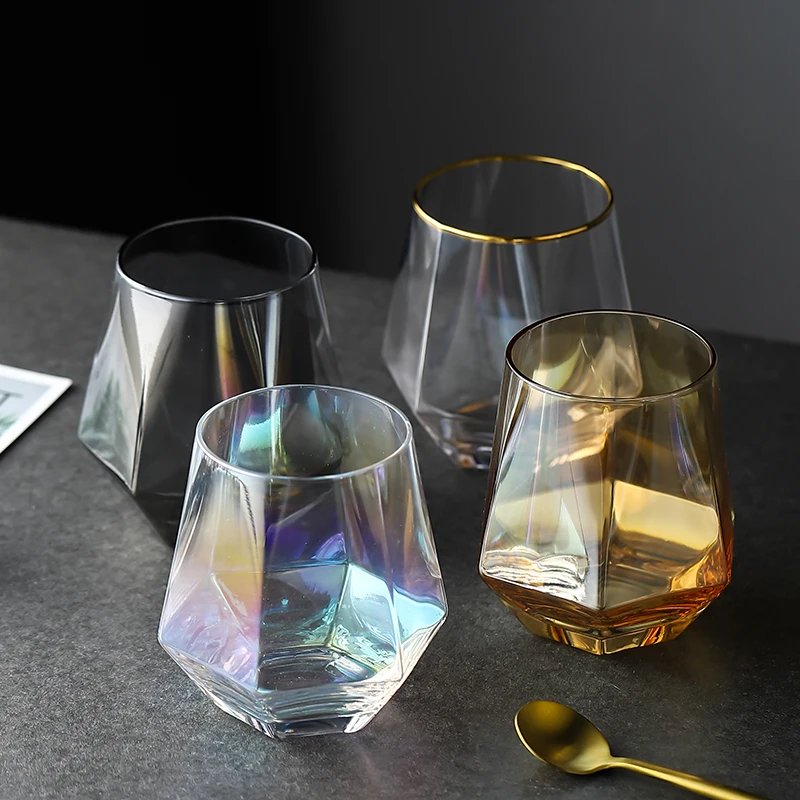 Geometry Whiskey Glass Diamond Crystal Glass Cup Golden Rim Transparent Coffee Milk Tea Mug Home Bar Drinkware Couple Gifts