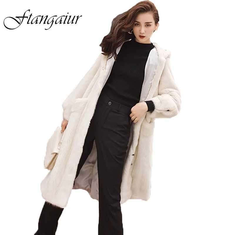 

Ftangaiur New Winter Import Crown Velvet Mink Fur Coat Women With Hood Beige Sashes Loss X-Long Natural Real Mink Fur Coats